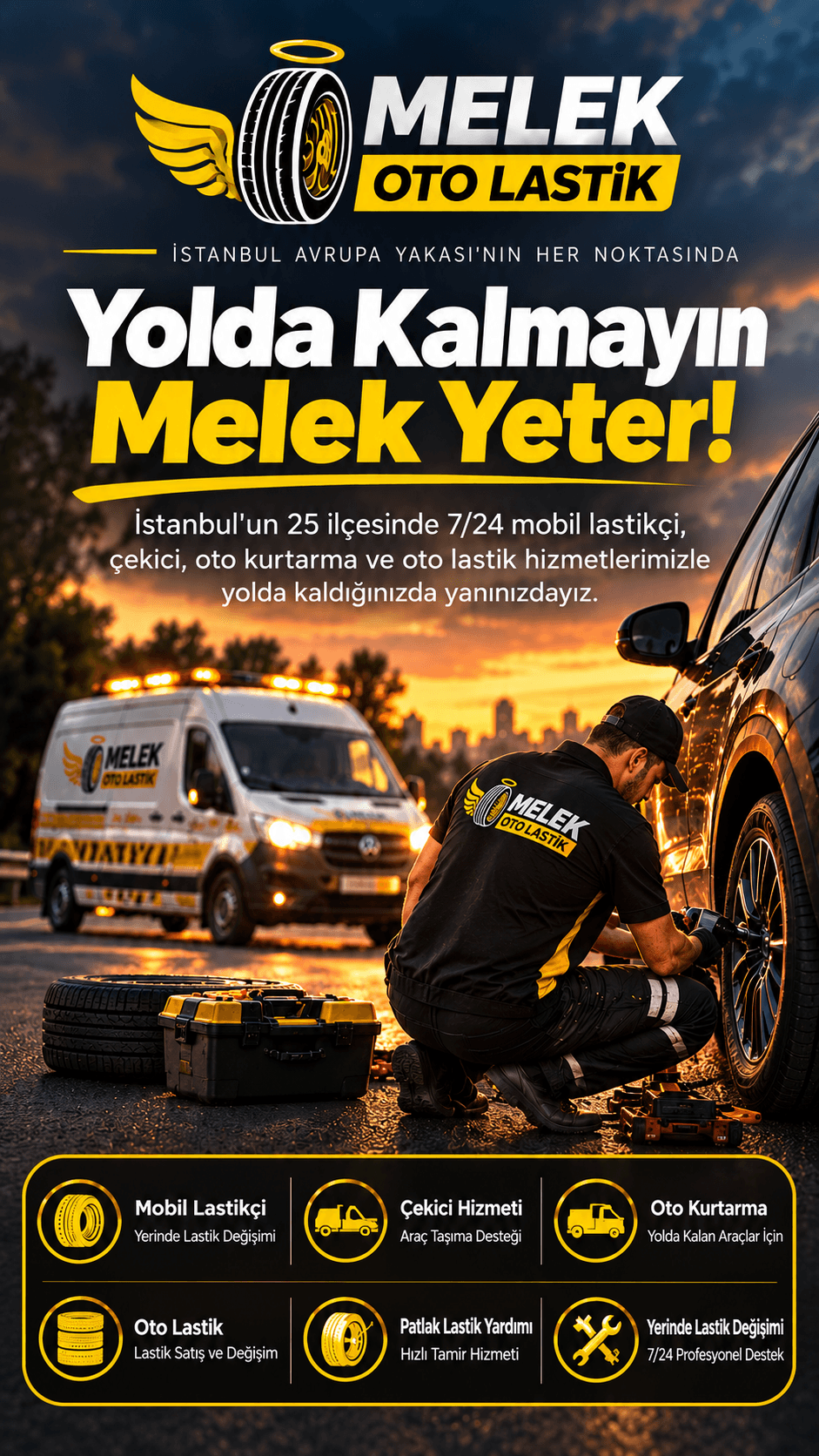 Melek Oto Lastik 7/24 çekici oto kurtarma ve mobil lastik hizmeti